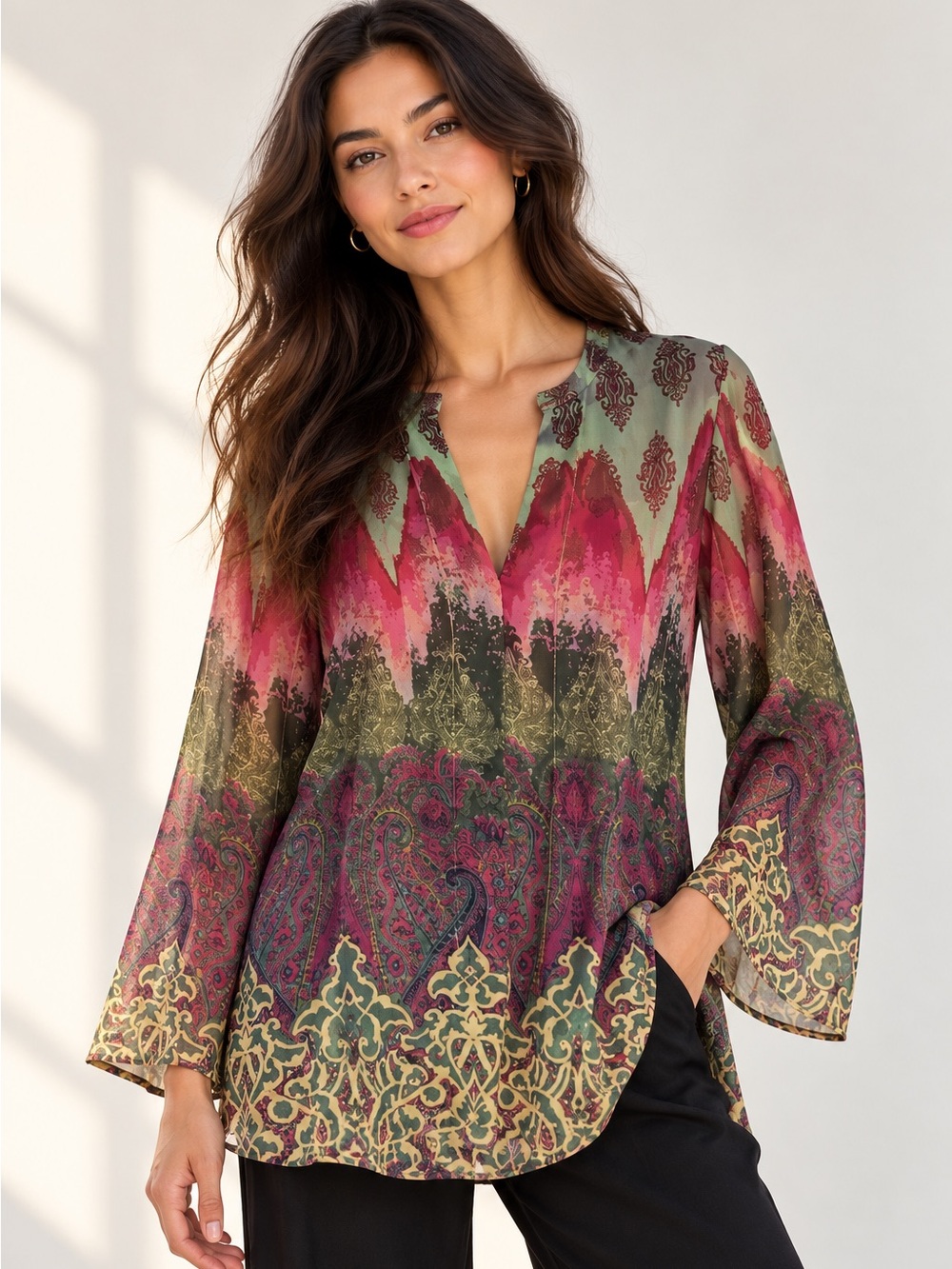 Poeme Citron Paisley Border Print Tunic Blouse Semi Sheer Multicolor Large